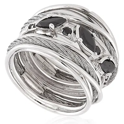 Charriol Tango Black Cz Stones Steel Cable Ring In Metallic
