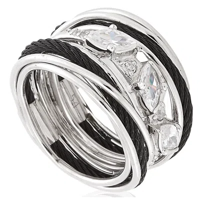 Charriol Tango White Cz Stones Steel Black Pvd Cable Ring In Metallic