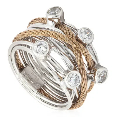 Charriol Tango White Cz Stones Steel Rose Pvd Cable Ring In Metallic