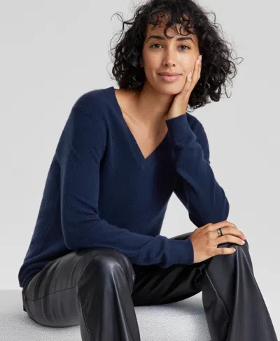Charter Club 100% Cashmere Petite V-neck Long-sleeve Sweater, Created For Macy's In Blue