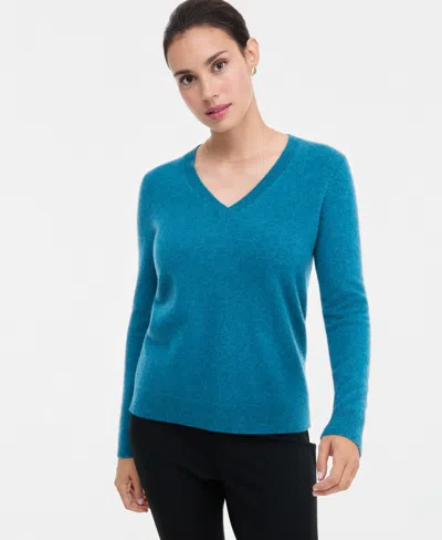 Charter Club 100% Cashmere Petite V-neck Long-sleeve Sweater, Created For Macy's In Blue