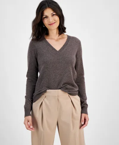 Charter Club 100% Cashmere Petite V-neck Long-sleeve Sweater, Created For Macy's In Gray