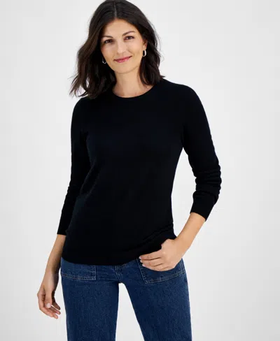 Charter Club 100% Cashmere Women's Petite Long-sleeve Crewneck Sweater, Created For Macy's In Classic Black