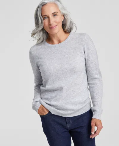 Charter Club 100% Cashmere Women's Petite Long-sleeve Crewneck Sweater, Created For Macy's In Ice Grey Heather