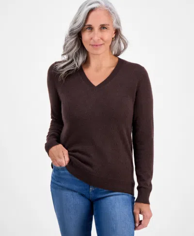 Charter Club 100% Cashmere Women's Petite V-neck Long-sleeve Sweater, Created For Macy's In Brown