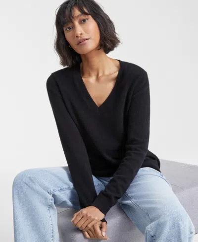 Charter Club 100% Cashmere Women's Petite V-neck Long-sleeve Sweater, Created For Macy's In Classic Black