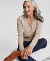 Charter Club 100% Cashmere Petite V-neck Long-sleeve Sweater, Created For Macy's In Pearl Taupe Heather