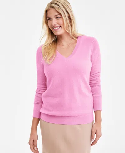 Charter Club 100% Cashmere Women's Petite V-neck Long-sleeve Sweater, Created For Macy's In Pink