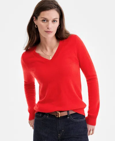Charter Club 100% Cashmere Women's Petite V-neck Long-sleeve Sweater, Created For Macy's In Red