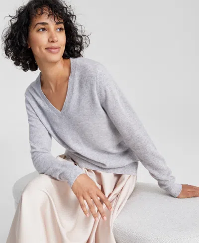 Charter Club 100% Cashmere Women's Petite V-neck Long-sleeve Sweater, Created For Macy's In Ice Grey Heather