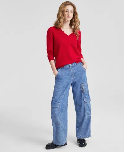 Charter Club 100% Cashmere Women's V-neck Long-sleeve Sweater, Created For Macy's In Red Polish