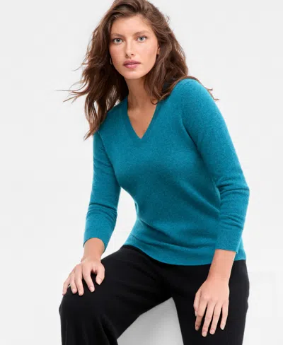 Charter Club 100% Cashmere Women's V-neck Long-sleeve Sweater, Macy's Exclusive In Blue