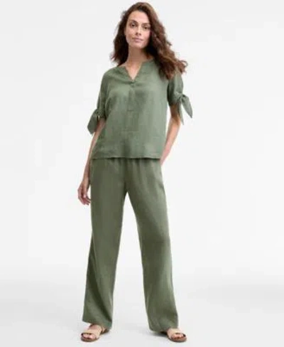 Charter Club 100 Linen Tie Cuff Top Drawstring Pants Macys Exclusive In Green