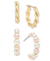 Charter Club Gold-tone 2-pc. Set Pink & White Imitation Pearl Twisted Hoop Earrings, Exclusively At Macy's In Pink