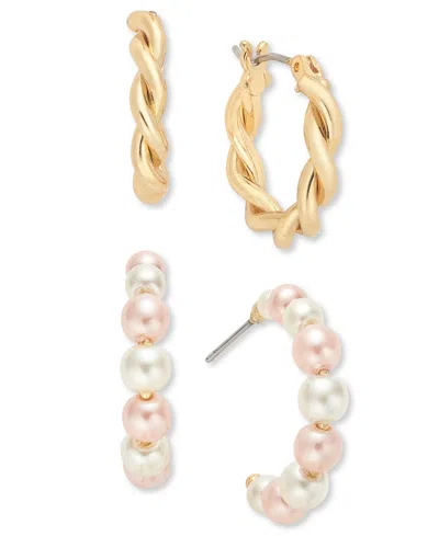 Charter Club Gold-tone 2-pc. Set Pink & White Imitation Pearl Twisted Hoop Earrings, Exclusively At Macy's