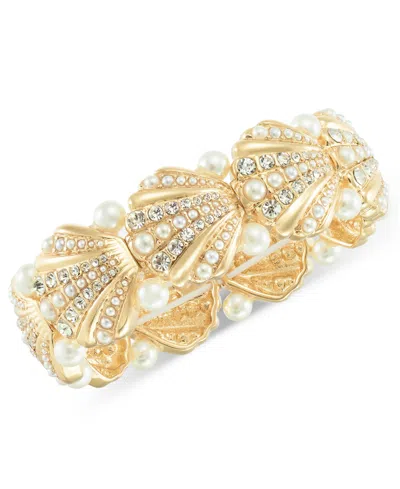 Charter Club Gold-tone Crystal & Imitation Pearl Shell Stretch Bracelet, Exclusively At Macy's