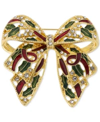 Charter Club Gold-tone Pave & Holly Bow Pin, Created For Macy's In Multi