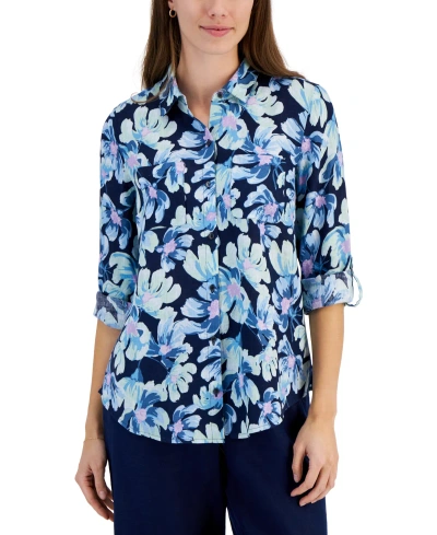 Charter Club Petite 100% Linen Bloom Print Roll-tab Button Front Top, Created For Macy's In Intrepid Blue Combo