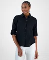 Charter Club Petite 100% Linen Button-front Shirt, Created For Macy's In Deep Black