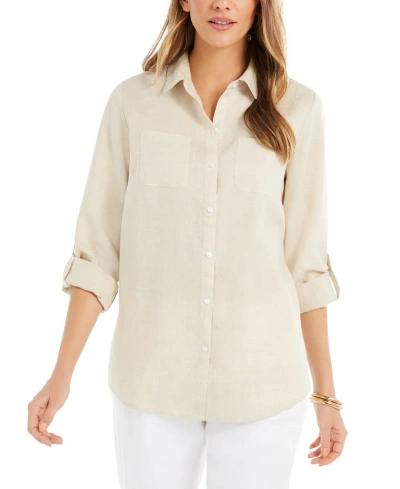 Charter Club Petite 100% Linen Button-front Shirt, Created For Macy's In Flaxseed