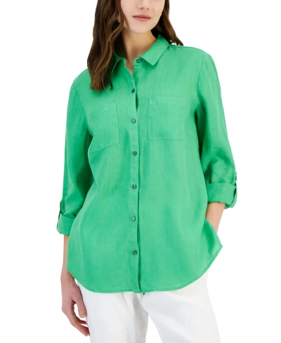 Charter Club Petite 100% Linen Button-front Shirt, Created For Macy's In Green Flash