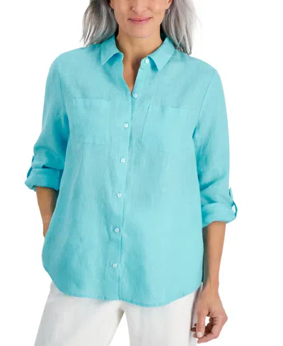 Charter Club Petite 100% Linen Button-front Shirt, Created For Macy's In Light Pool Blue