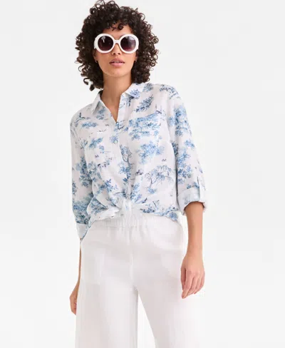 Charter Club Petite 100% Linen Button-front Shirt, Created For Macy's In Blue