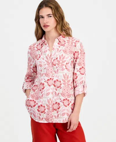 Charter Club Petite 100% Linen Button-front Shirt, Created For Macy's In Red