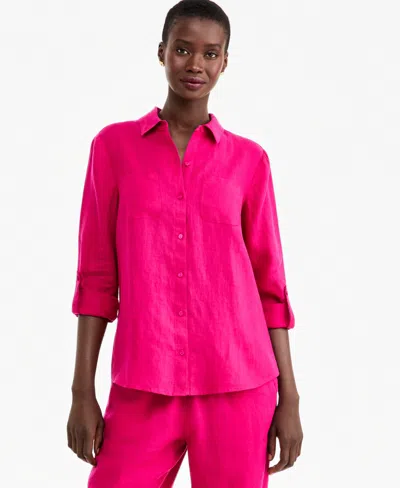 Charter Club Petite 100% Linen Button-front Shirt, Created For Macy's In Pink