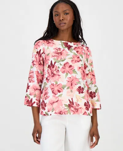 Charter Club Petite 100% Linen Cuffed Top, Created For Macy's In Pink