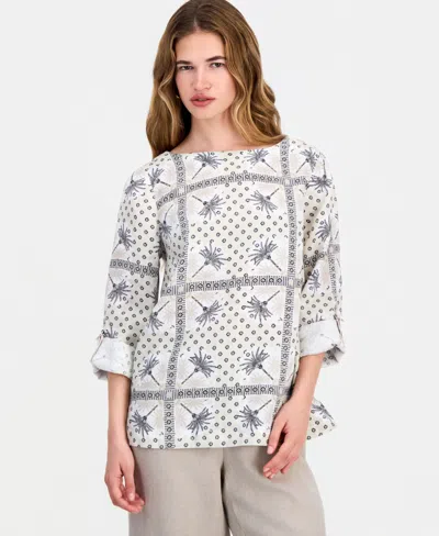 Charter Club Petite 100% Linen Cuffed Top, Created For Macy's In Multi
