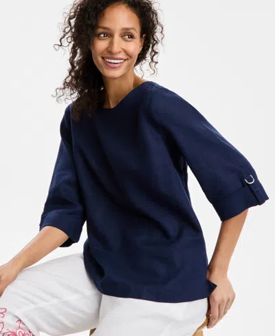 Charter Club Petite 100% Linen Cuffed Top, Created For Macy's In Blue