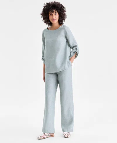 Charter Club Petite 100% Linen Drawstring Pants, Created For Macy's In Green