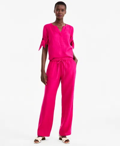 Charter Club Petite 100% Linen Drawstring Pants, Created For Macy's In Pink