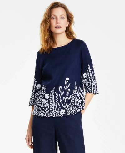 Charter Club Petite 100% Linen Floral-embroidered Top, Created For Macy's In Intrepid Blue