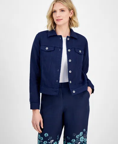 Charter Club Petite 100% Linen Frayed-edge Jacket, Created For Macy's In Blue