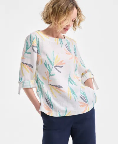 Charter Club Petite 100% Linen Printed Boat-neck 3/4-sleeve Blouse, Exclusively At Macy's In Neutral Co