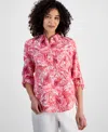 Charter Club Women's Linen Palm-print Roll-tab Shirt, Exclusively At Macy's In Coral Flas
