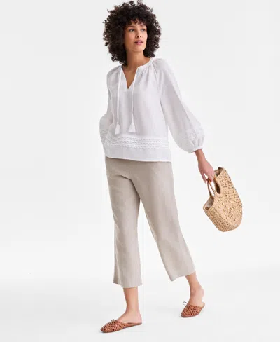 Charter Club Petite 100% Linen Pull-on Cropped Pants, Created For Macy's In Neutral