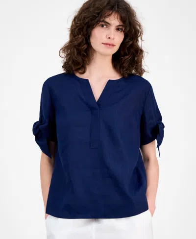 Charter Club Petite 100% Linen Split-neck Tie Sleeve Top, Created For Macy's In Blue
