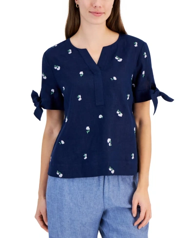 Charter Club Linen Petite London Floral-embroidered Tie-sleeve Top, Created For Macy's In Intrepid Blue Combo