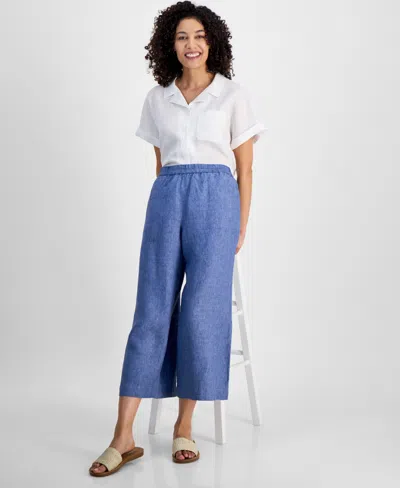 Charter Club Petite 100% Linen Wide-leg Cropped Pants, Exclusively At Macy's In Blue Ocean