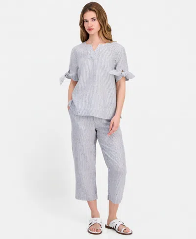 Charter Club Petite Beach Stripe High-rise Cropped Linen Pants, Macy's Exclusive In Gray