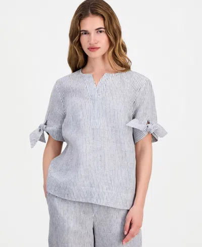 Charter Club Petite Beach Stripe Tie Sleeve Linen Top, Macy's Exclusive In Gray