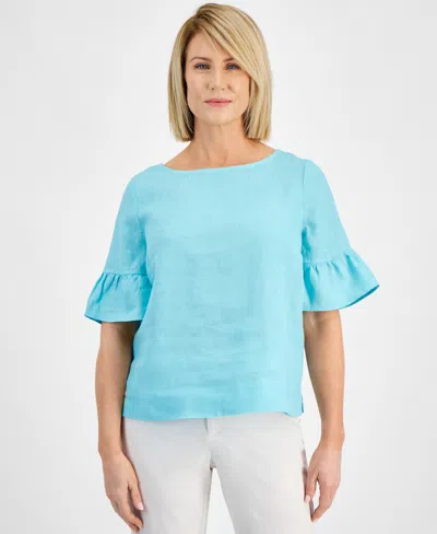 Charter Club Petite Boat Neck Bell-sleeve Linen Top, Created For Macy's In Light Pool Blue