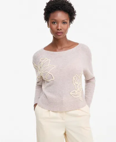 Charter Club Petite Bold Floral Embroidery Cashmere Sweater, Exclusively At Macy's In Pearl Heather Taupe