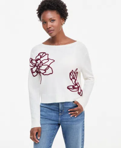 Charter Club Petite Bold Floral Embroidery Cashmere Sweater, Exclusively At Macy's In Vanilla Ice
