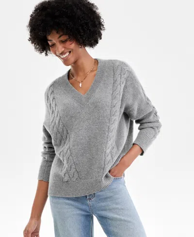 Charter Club Petite Cashmere Angled Cable V-neck Sweater, Macy's Exclusive In Gray