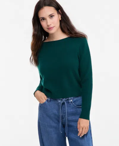 Charter Club Petite Cashmere Boat-neck Long-sleeve Sweater, Macy's Exclusive In Green