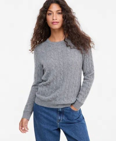 Charter Club Petite Cashmere Cable-knit Crewneck Long-sleeve Sweater, Macy's Exclusive In Mid Grey Heather